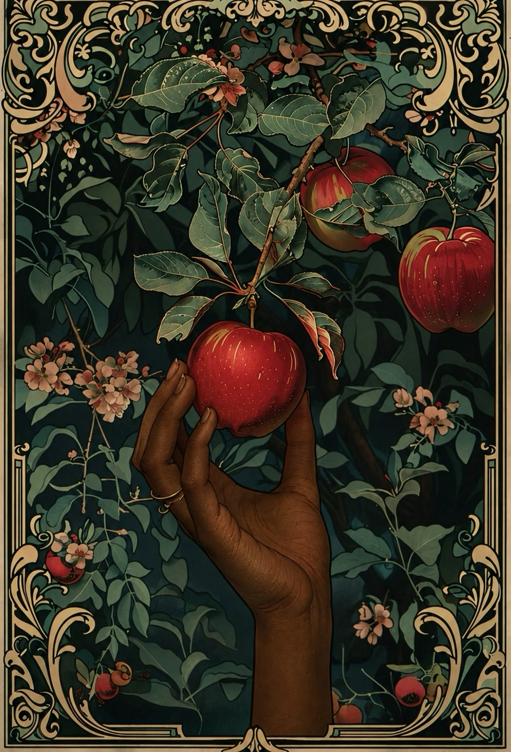 Art nouveau illustration of a hand reaching for a red apple among dark green leaves and blossoms